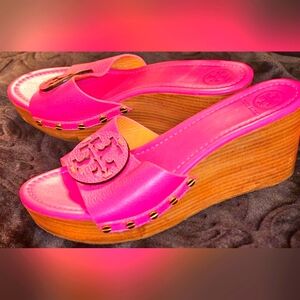 Tory Burch Pink Wedge Mules with Decorative Detail